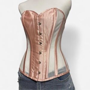 Corset Story Pink Satin and Mesh Corset with Spiral Steel Boning, 24”